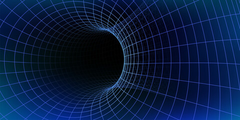 Wall Mural - wireframe tunnel featuring glowing blue grid curves into a dark center evokes themes of futuristic t