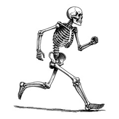 running skeleton side view anatomy in black and white outline line art drawing