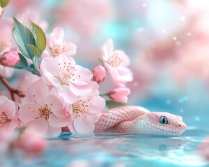 Canvas Print - Immerse yourself in a tranquil nature scene of spring blossoms by a riverbank, the gentle breeze stirring the water, showcasing delicate pink petals and a serene aquatic environment Witness a unique