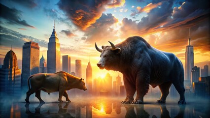 Wall Mural - Double Exposure Bull Bear Stock Photo: Financial Market Power Struggle