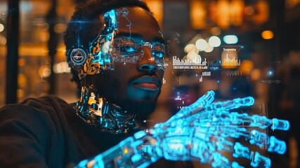 Poster - A person with cybernetic features gazes intently as blue holographic interfaces illuminate their face and hand in a vibrant urban setting.