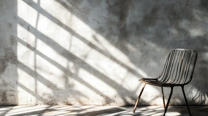 Canvas Print - Close-up of sunlight casting intricate shadows from a metal chair on a cracked white-grey textured wall, with ample space for text