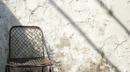 Canvas Print - Close-up of sunlight casting intricate shadows from a metal chair on a cracked white-grey textured wall, with ample space for text