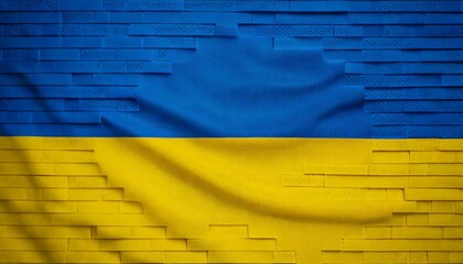 Wall Mural - A brick wall in blue and yellow, the colors of Ukraine.