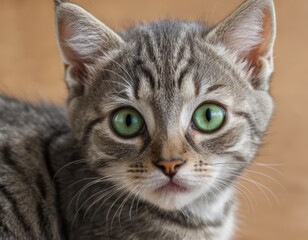 Wall Mural - Adorable Gray Tabby Kitten with Striking Green Eyes Close Up Portrait