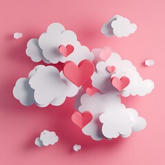 Poster - Paper hearts between the clouds. Valentine's day concept on pink background 3D Rendering, 3D Illustration