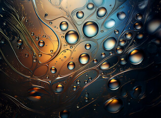 Fototapete - Abstract image of swirling, colorful liquids with varying sized water droplets.  The interplay of light and dark creates a dramatic, almost otherworldly scene.