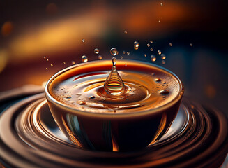 Poster - A single drop of liquid falls into a small cup of dark brown coffee, creating concentric ripples and tiny splashes. The background is blurred with warm, golden tones.