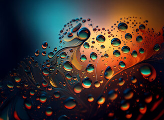 Fototapete - Abstract image of water droplets on a dark, richly colored surface, creating a flower-like pattern.  The vibrant hues of teal, orange, and deep brown dominate the composition.