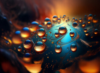 Poster - A mesmerizing close-up of water droplets on a dark, reflective surface.  Vibrant oranges and blues swirl beneath, creating an abstract, almost otherworldly scene.