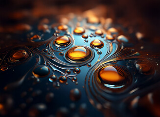 Poster - Macro photograph of water droplets on a dark, reflective surface.  Intricate patterns are formed by the liquid, with varying sizes and shades of amber and gold droplets against a deep blue backdrop.  