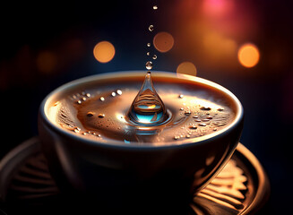 Poster - A single drop of water falls into a cup of coffee, creating a mesmerizing ripple effect.  The scene is lit with warm, bokeh-style lights in the background.