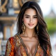 © tonpreecha - Model smiling gently while wearing traditional attire, focus on culture, selective focus, realistic, Composite, historical building backdrop