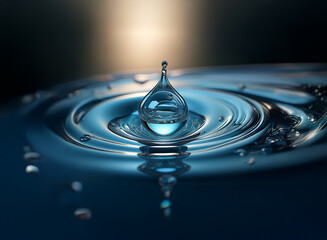 Poster - A single water drop creates concentric ripples on a dark blue surface, illuminated by a soft, warm light from above.  The drop is perfectly formed, showcasing its translucency and reflective qualities