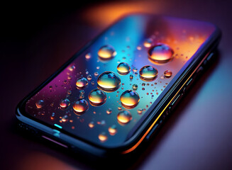 Fototapete - A sleek smartphone lies on a dark surface, its screen adorned with vibrant, colorful water droplets reflecting ambient light.  The scene is moody and stylized.
