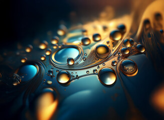 Poster - Close-up view of glistening water droplets on a dark surface, illuminated with warm golden and cool blue light, creating an abstract, swirling pattern.