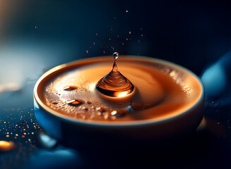 Poster - A single drop of water impacts a cup of coffee, creating a mesmerizing crown splash and ripple effect.  The scene is dramatically lit, highlighting the textures and details.