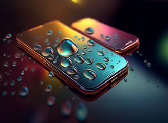 Poster - Two smartphones with water droplets on their screens, reflecting colorful lights on a dark, glossy surface.  The image emphasizes water resistance and sleek design.