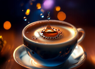 Poster - A captivating close-up of a coffee drop impacting a steaming cup, creating mesmerizing concentric ripples and airborne droplets.  Warm, bokeh lights add festive ambiance.