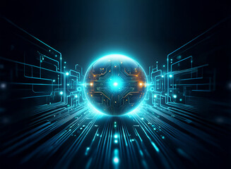Poster - Glowing orb, futuristic technology, digital circuits, dark background, illuminated sphere,  central processing unit, network,  abstract, science fiction,  glowing lines, energy, innovation.