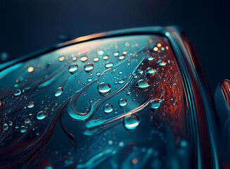 Poster - Close-up of water droplets on a dark, glossy, curved surface.  The liquid creates abstract patterns with teal and red highlights.  The texture is smooth and reflective.