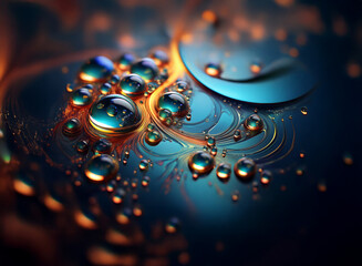 Poster - Intricate patterns of vibrant teal and amber oil droplets coalesce on a dark surface, creating an abstract, mesmerizing microcosm.  The interplay of light and color evokes a sense of depth and mystery