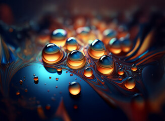 Poster - Close-up view of vibrant, iridescent oil droplets on a liquid surface.  The interplay of light creates a mesmerizing, abstract pattern of blues, oranges, and deep shadows.