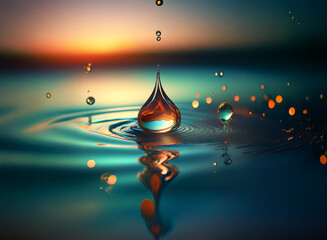 Poster - A single water droplet falls, creating concentric ripples on a serene, teal surface.  The background hints at a vibrant sunset.