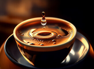 Poster - A single drop of liquid falls into a small bowl, creating a mesmerizing ripple effect.  The warm amber liquid and lighting create a sense of calm and warmth.