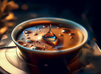 Poster - A droplet of liquid impacts a dark, reflective surface, creating concentric ripples and miniature bubbles in a shallow, light-colored bowl.  The scene is dramatically lit, highlighting the textures an