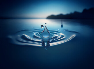 Aufkleber - A single water droplet falls onto a still lake at sunset, creating concentric ripples. The scene is serene and reflective, evoking tranquility and the beauty of nature.
