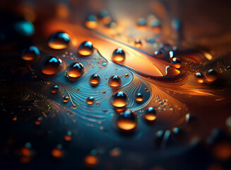 Poster - Intricate patterns of swirling orange and blue hues are adorned with glistening water droplets, creating a mesmerizing abstract image. The interplay of light and shadow enhances the three-dimensional 
