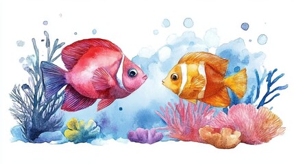 Wall Mural - Fish and corals watercolor 