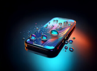 Leinwandbilder - A sleek smartphone rests on a reflective surface, adorned with vibrant, iridescent water droplets.  The dark background and colorful lighting enhance its glossy finish.
