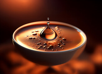 Poster - A single drop of liquid falls into a shallow bowl filled with a similar liquid, creating a ripple effect and tiny droplets.  The warm lighting enhances the reflective quality of the liquid.
