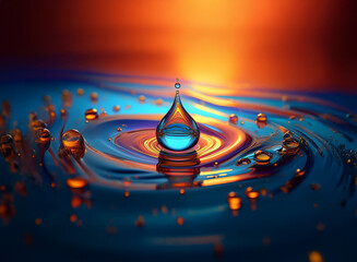 Aufkleber - A single, translucent teardrop of water falls onto a vibrant, swirling surface, creating concentric ripples of blue, orange, and teal.  The scene is lit dramatically, resembling a sunset.