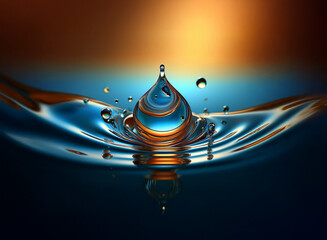 Poster - A single water droplet impacts a calm surface, creating concentric ripples and a crown splash.  The colors are deep blue and gold, suggesting tranquility and richness.