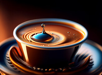 Poster - A single drop of liquid falls into a cup of dark brown coffee, creating ripples and reflections.  The scene is dramatically lit, highlighting the liquid's texture and the cup's elegant form.