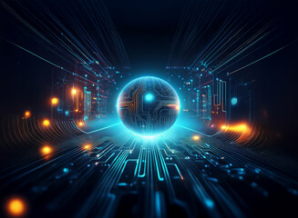Aufkleber - A glowing sphere, resembling a circuit board, sits at the center of a futuristic, technologically advanced landscape.  Intricate pathways of light and energy radiate outwards.