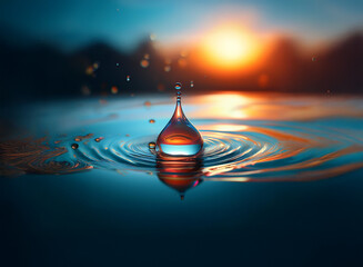 Poster - A single water droplet falls onto a still surface at sunset, creating concentric ripples.  The droplet reflects the warm hues of the sky.