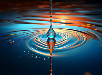Poster - A single water drop falls, creating concentric ripples on a vibrant, colorful water surface at sunset.  The scene is serene and visually striking.