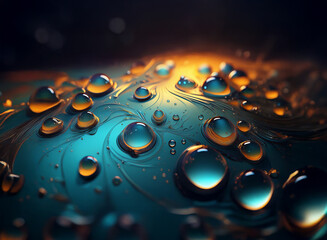 Poster - Luminous water droplets on a teal surface, illuminated by a warm, golden light. The liquid creates swirling patterns underneath.