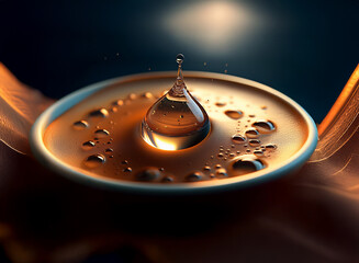 Poster - A single water droplet hangs suspended, poised above a pool of liquid within a shallow dish, backlit with a warm, golden glow.  Surrounding the central droplet are smaller, glistening bubbles.