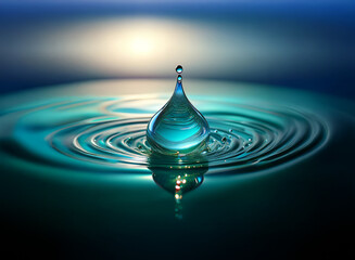 Poster - A single water droplet falls onto a serene teal surface, creating perfect concentric ripples.  The background hints at a sunrise or sunset.