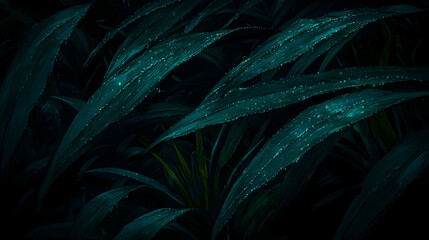 Wall Mural - dew-kissed leaves, dark green foliage, rainforest background, nature wallpaper.