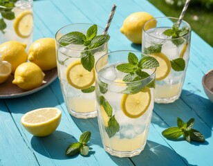 Wall Mural - Refreshing Homemade Lemonade with Mint and Ice Cubes on a Blue Wooden Table