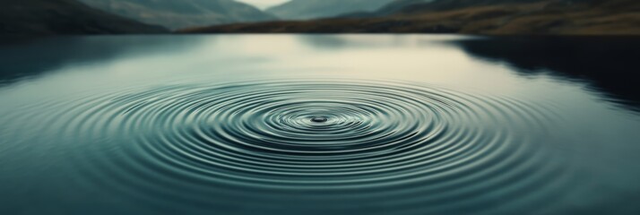 Poster - Concentric ripples expanding on the surface of a calm lake, created by a single falling raindrop, with a blurred background of mountains and cloudy sky