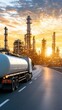 © lililia - Gasoline tanker truck travels along a road near an oil and petrochemical plant during dawn with a colorful sky
