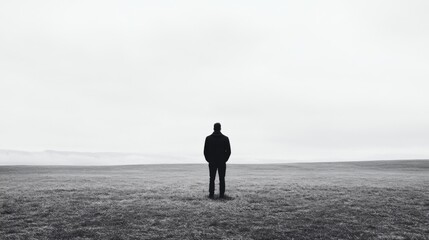 Wall Mural - solitary figure in a vast, misty field.