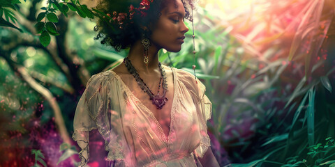 Woman in Sheer Dress and Jewelry in Foliage